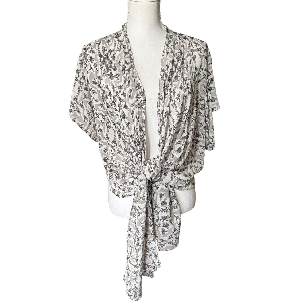 Hinge Women's M/L 100% Silk Bird Print‎ Kimono Cardigan Wrap Top Tie Front Sheer